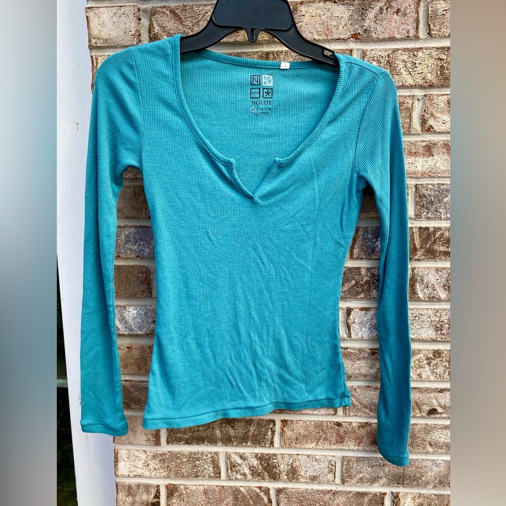 Nollie Aqua/Turquoise Ribbed V-neck Long Sleeve Tee/Blouse Size XS